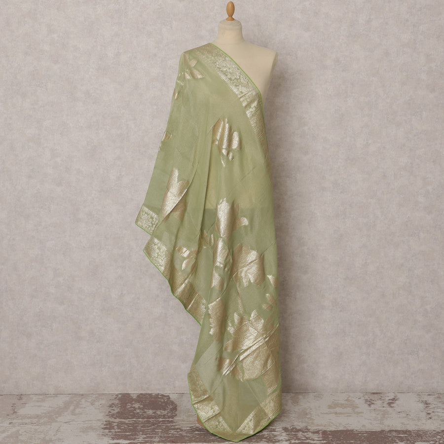 Light Green Gold Floral Woven Synthetic Brocade Dupatta, Zari Border, 225X80 CMS, India-D22402