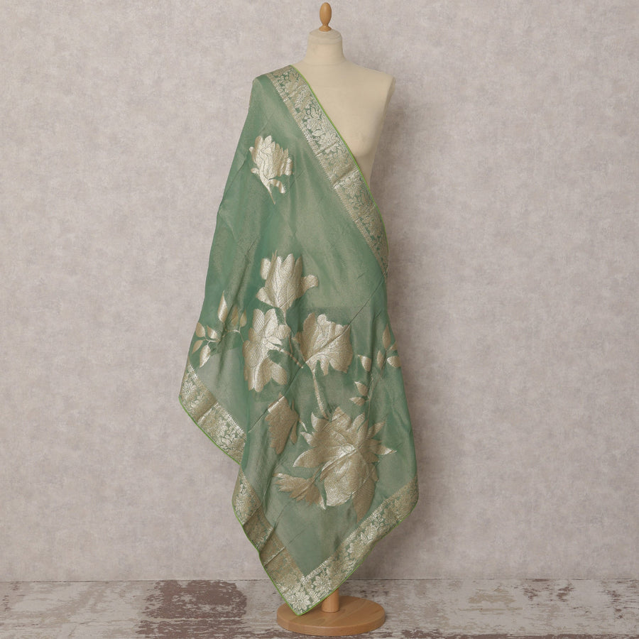 Green Brocade Floral Woven Dupatta, 225X80 CMS, India-D22403
