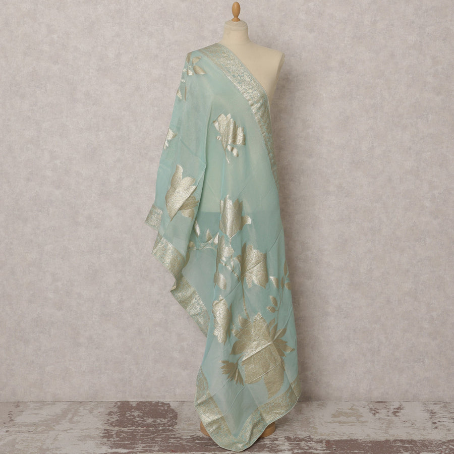 Light Blue Brocade Floral Woven Dupatta, 225X80 CMS, India-D22405
