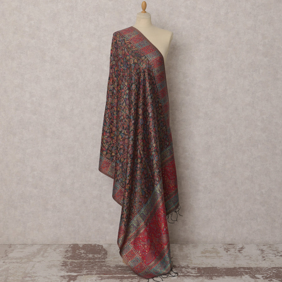 Grey Multicolor Kashmiri Paisley Woven Cotton Silk Dupatta, 225X80 CMS, India-D22409