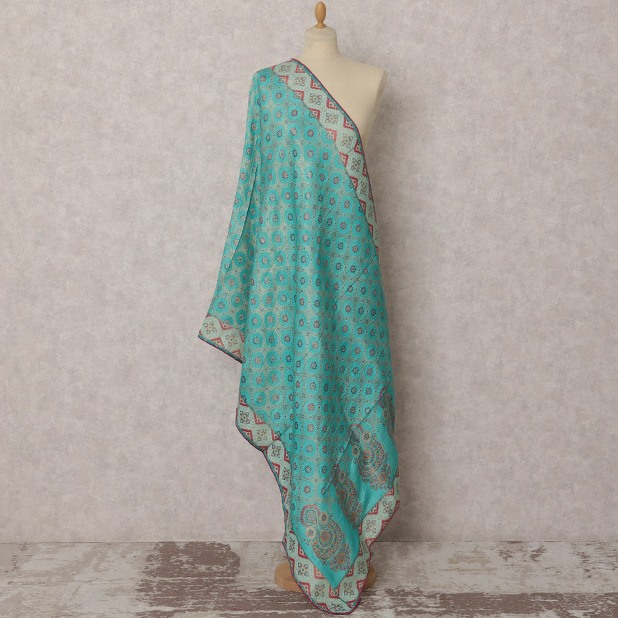 دوباتا حرير منسوج بنقشة بيزلي متعددة الألوان، أزرق مخضر، 235×85 سم، الهند - D22414