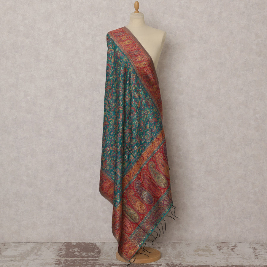 دوباتا منسوجة من القطن والحرير باللونين الأزرق المخضر والأحمر، مقاس 240×95 سم، الهند - D22425