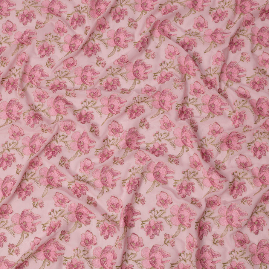 قماش فوال قطني مطرز بزهور وردية فاتحة، تطريز كامل، عرض 110 سم، صنع في الهند - D22583