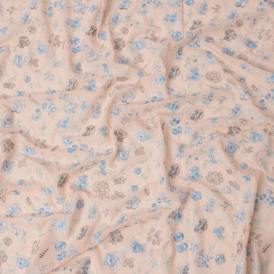قماش فوال قطني مطرز بنقشة زهور بلون أزرق خوخي، بتصميم خيط متداخل، عرض 110 سم، صنع في الهند - D22584