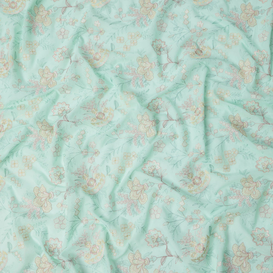 قماش فوال قطني مطرز بأزهار بلون أخضر نعناعي، تصميم بخيوط دقيقة، عرض 110 سم، صنع في الهند - D22585