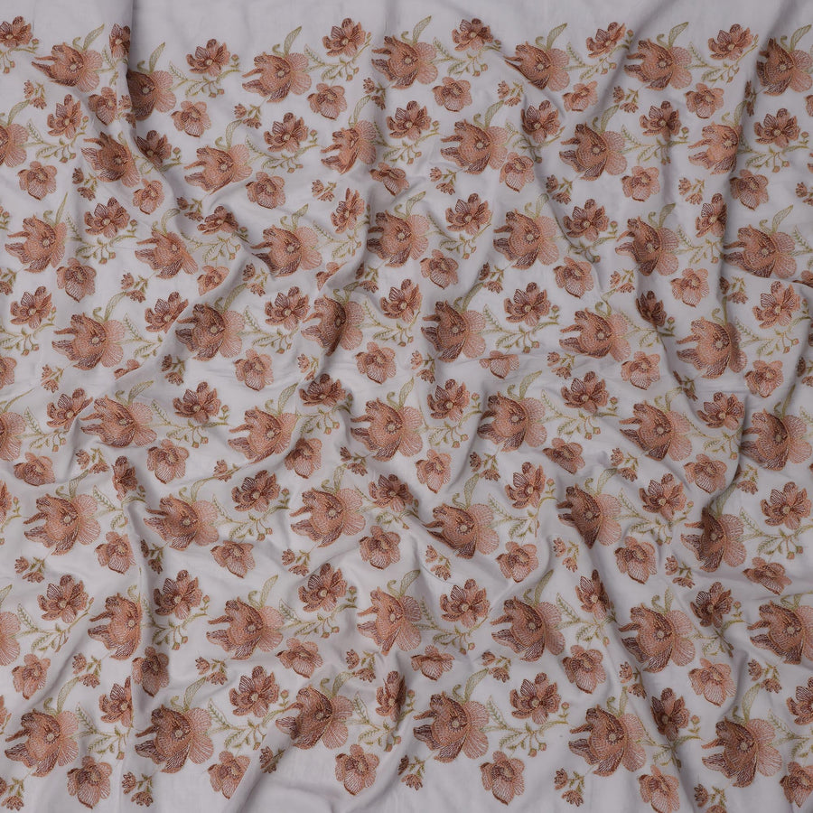 Grey Rust Floral Embroidery Cotton Voile Fabric, All-Over Thread Work Detailing, 110 Cms Width, Made in India-D22587