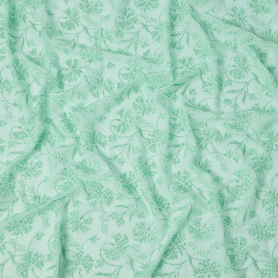 Mint Green Leaf Motif Embroidery Cotton Voile Fabric, All-Over Thread Work Design, 110 Cms Width, Made in India-D22588
