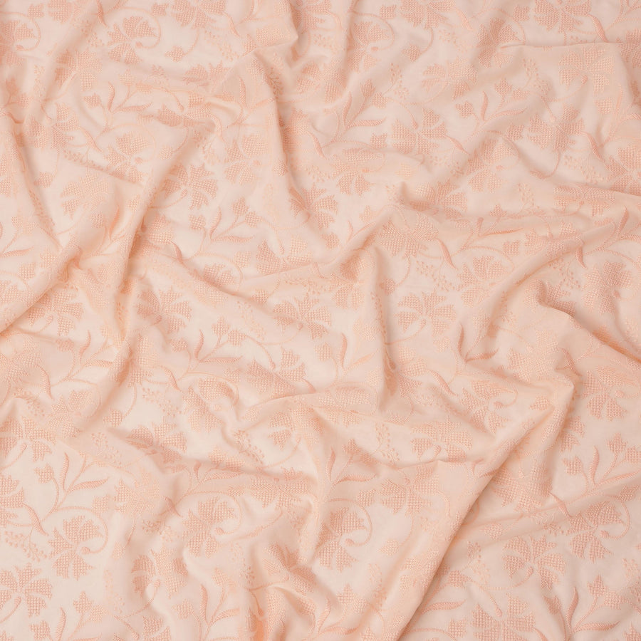 Peach Leaf Motif Embroidery Cotton Voile Fabric, Tone-on-Tone Thread Work Design, 110 Cms Width, Made in India-D22589
