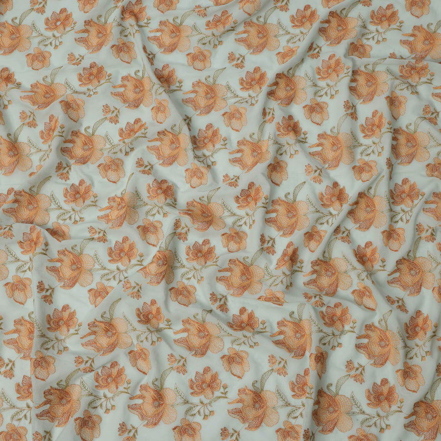 قماش فوال قطني مطرز بأزهار باللون الأخضر النعناعي البرتقالي، بتفاصيل خيطية كاملة، عرض 110 سم، صنع في الهند - D22590