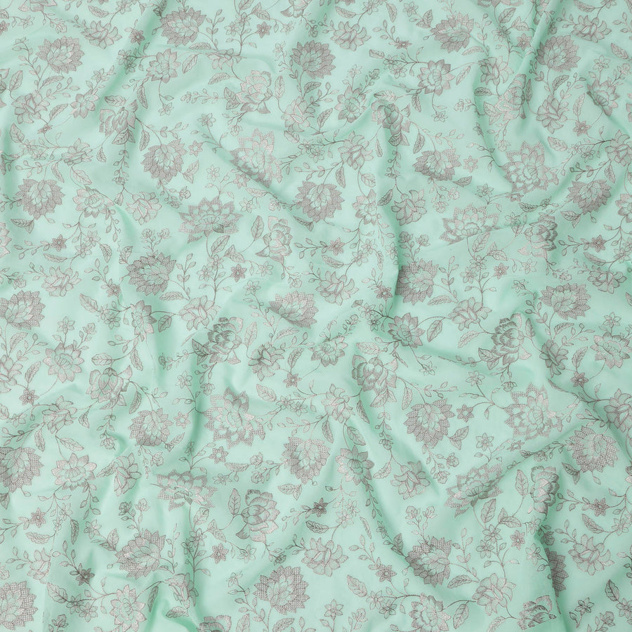 Mint Green Floral Embroidery Cotton Voile Fabric, All-Over Grey Thread Work Detailing, 110 Cms Width, Made in India-D22592