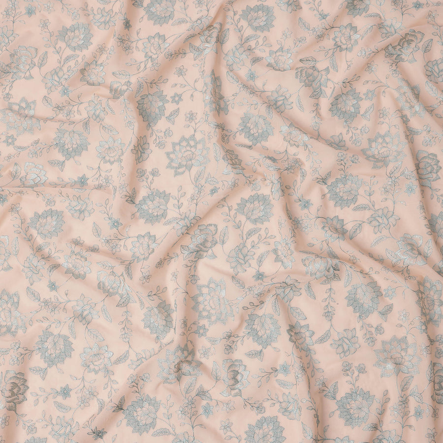 Nude Peach Floral Embroidery Cotton Voile Fabric, All-Over Sky Blue Thread Work Design, 110 Cms Width, Made in India-D22594
