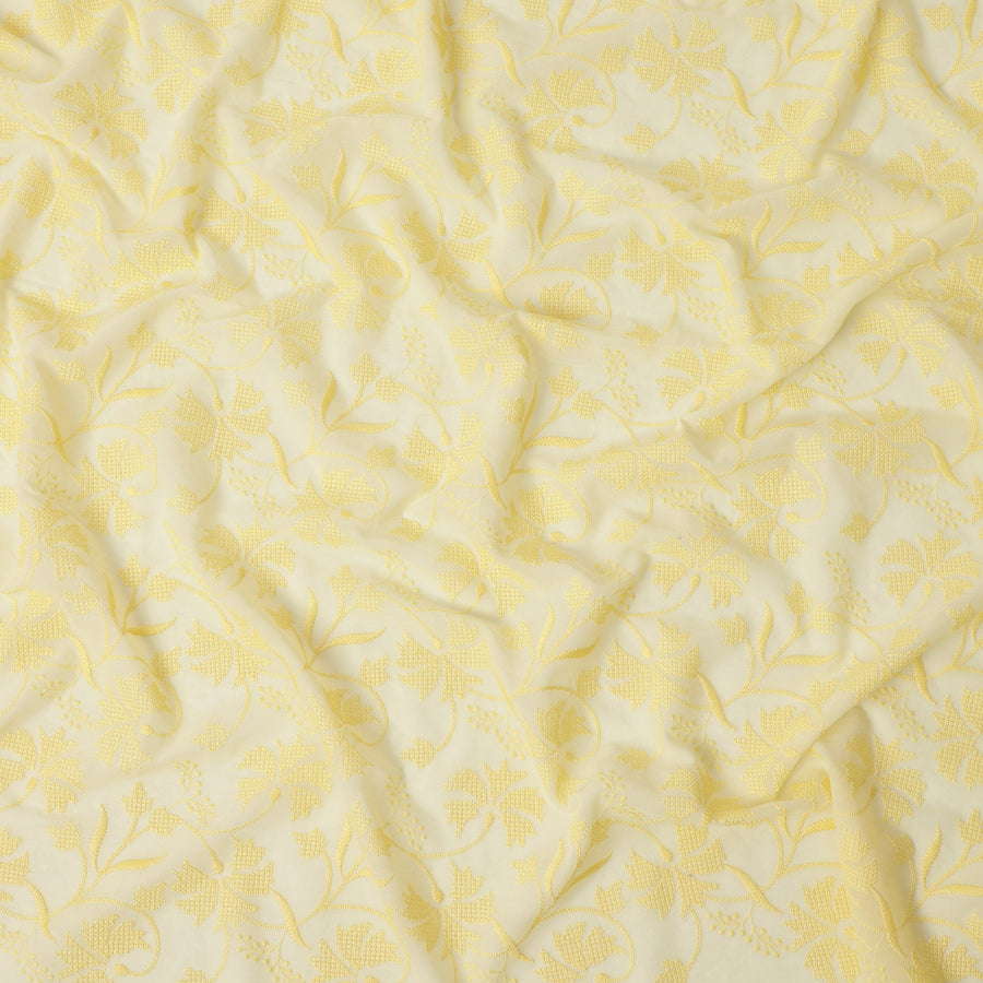 Lemon Yellow Leaf Motif Embroidery Cotton Voile Fabric, Tone-on-Tone Thread Work Design, 110 Cms Width, Made in India-D22595