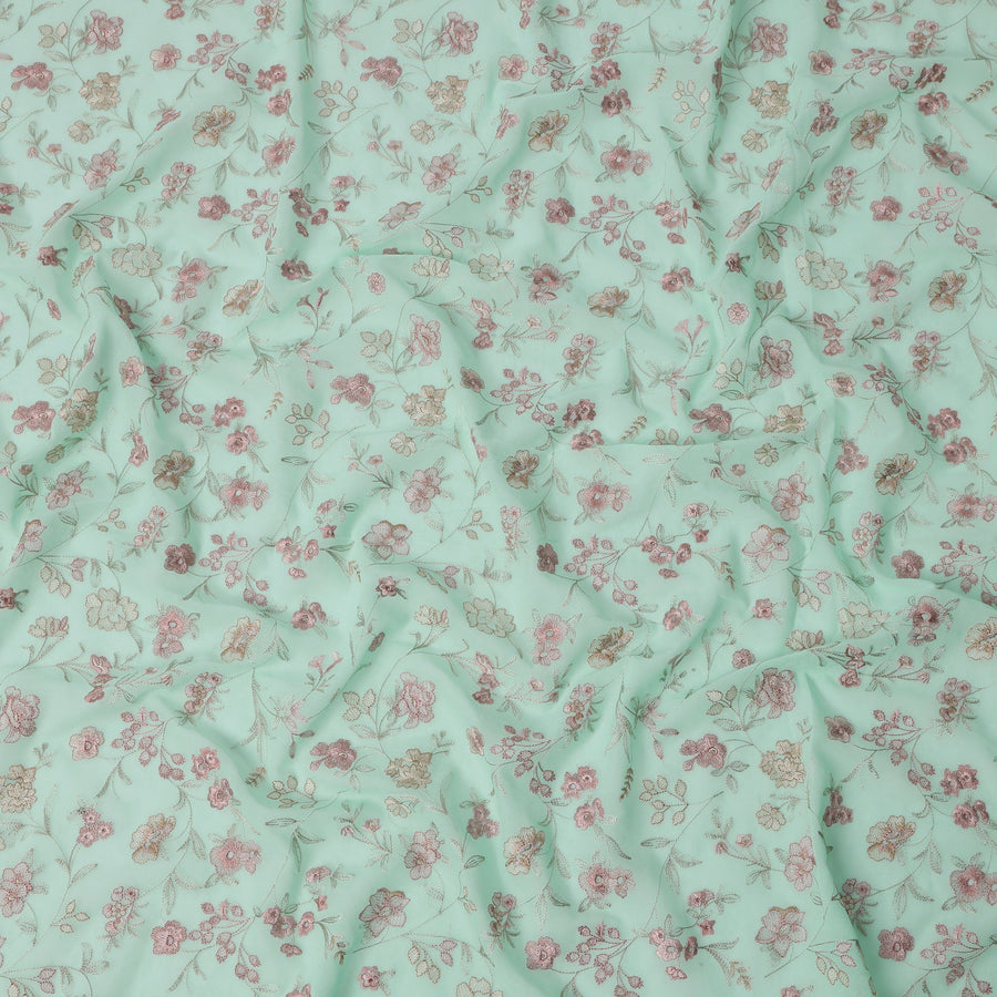 قماش فوال قطني مطرز بنقشة زهور باللون الأخضر البحري، بتصميم خيط وردي وبيج، عرض 110 سم، صنع في الهند - D22596