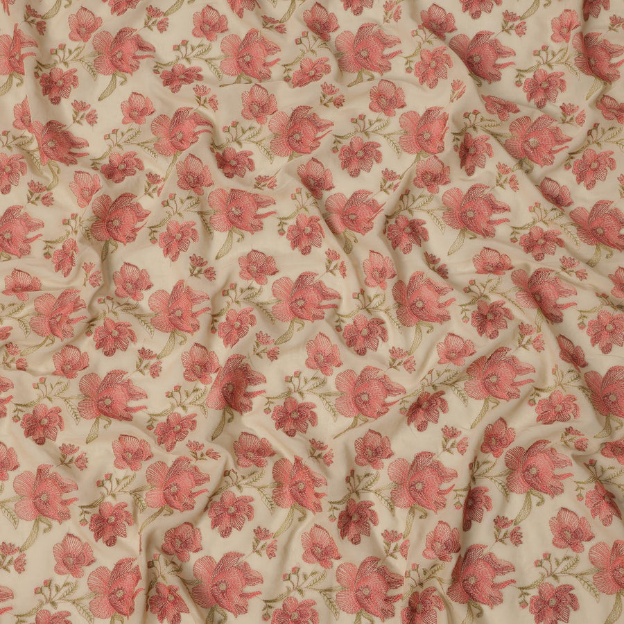 Beige Red Floral Embroidery Cotton Voile Fabric, All-Over Thread Work Design, 110 Cms Width, Made in India-D22597