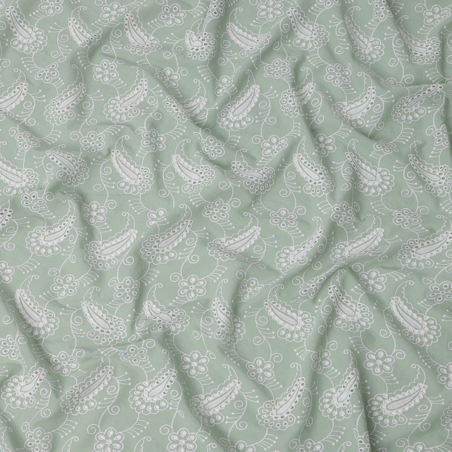 Sage Green Paisley Embroidery Cotton Voile Fabric, White Thread Work with Floral Accents, 110 Cms Width, Made in India-D22599