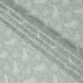 Sage Green Paisley Embroidery Cotton Voile Fabric, White Thread Work with Floral Accents, 110 Cms Width, Made in India-D22599