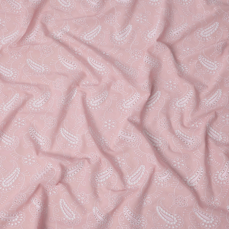 Dusty Pink Paisley Embroidery Cotton Voile Fabric, White Thread Work with Floral Motifs, 110 Cms Width, Made in India-D22601