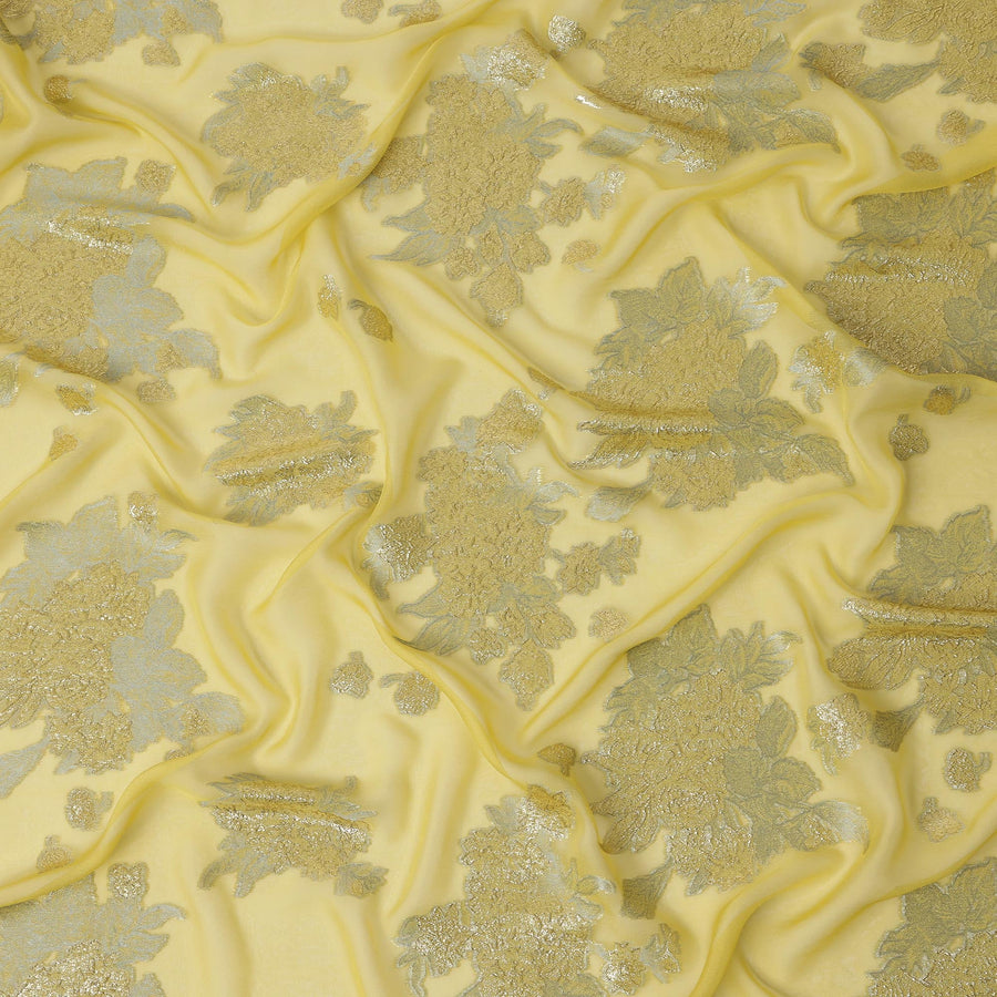 قماش شيفون حريري بتصميم زهور معدنية بلون أصفر ليموني، عرض 110 سم، صنع في كوريا الجنوبية - D22627