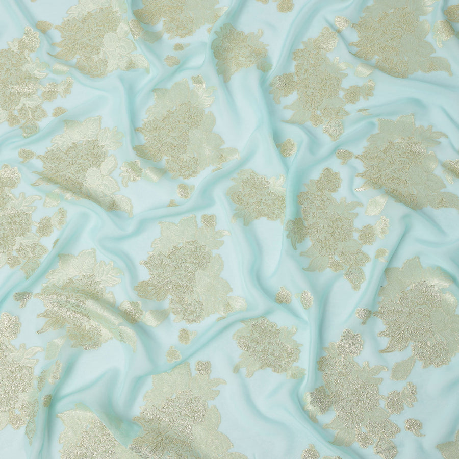 Mint Blue Floral Metallic Lurex Design Silk Chiffon Fabric, 110 Cms Width, Made in South Korea-D22631