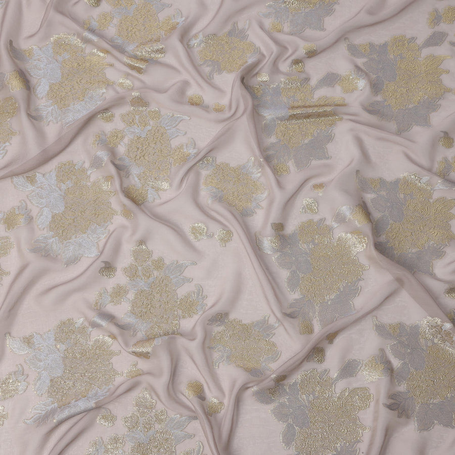 Beige Floral Metallic Lurex Design Silk Chiffon Fabric, 110 Cms Width, Made in South Korea-D22632