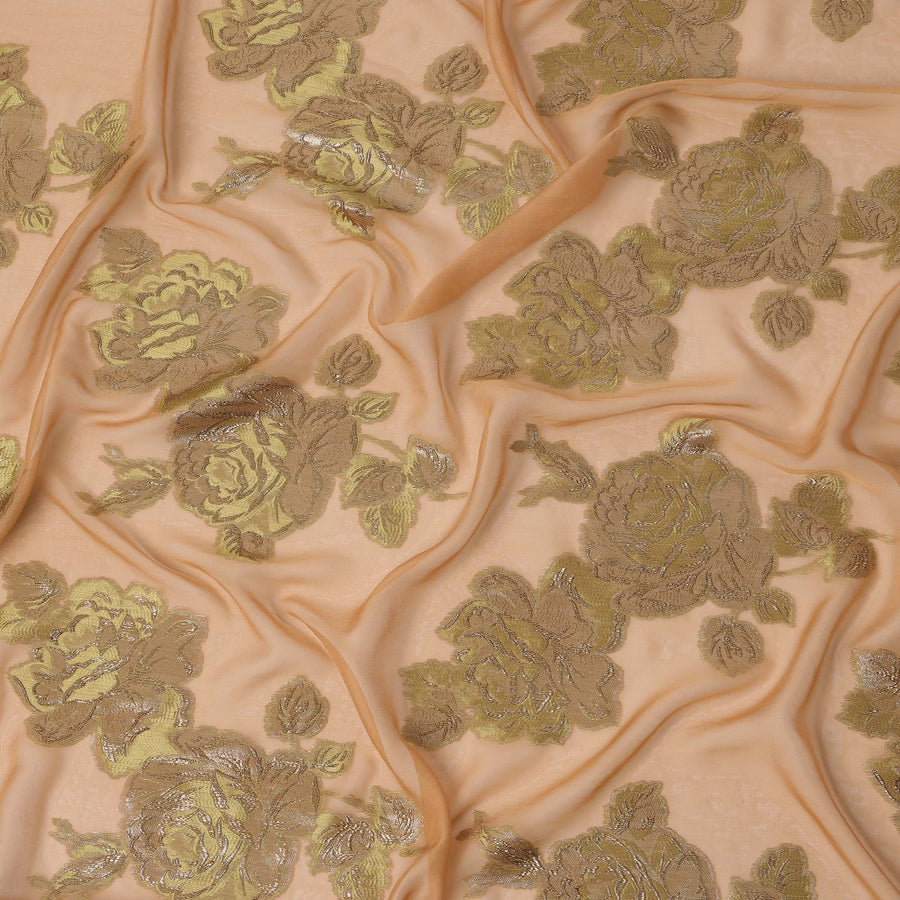 Salmon Peach Floral Metallic Lurex Rose Design Silk Chiffon Fabric, 110 Cms Width, Made in South Korea-D22633