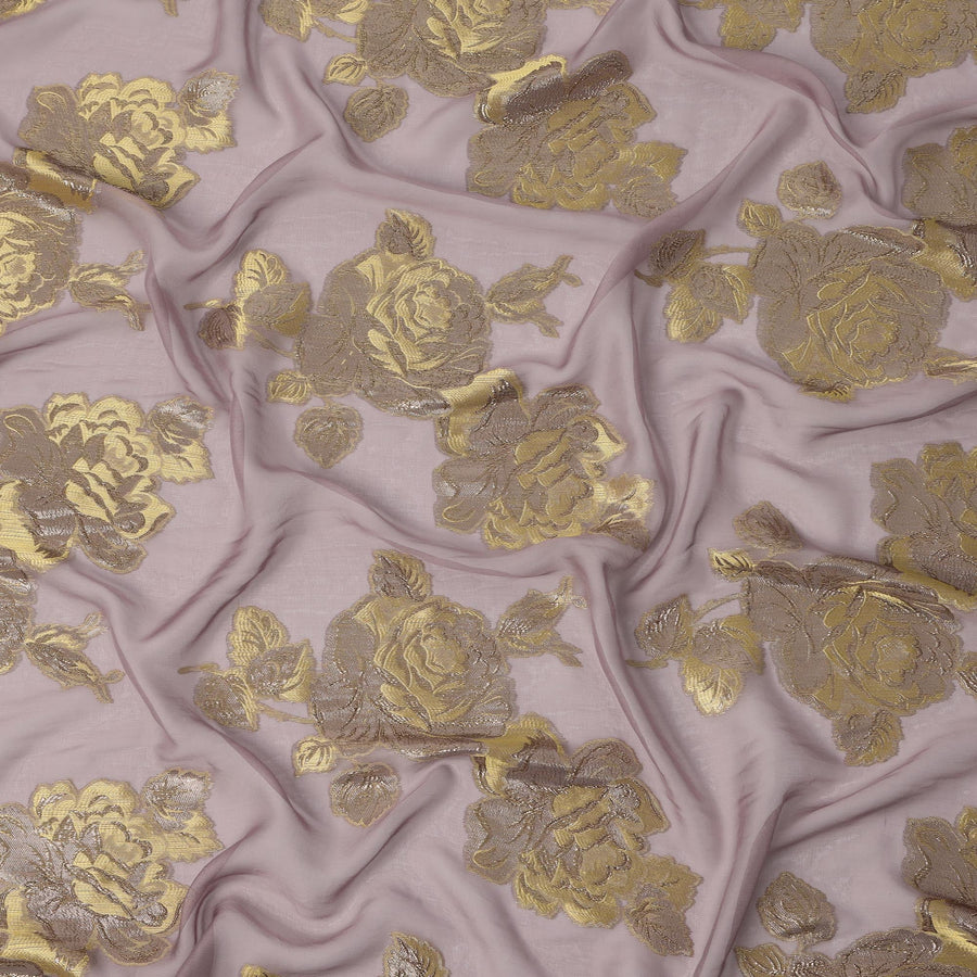 Dusty Lavender Floral Metallic Lurex Rose Design Silk Chiffon Fabric, 110 Cms Width, Made in South Korea-D22636