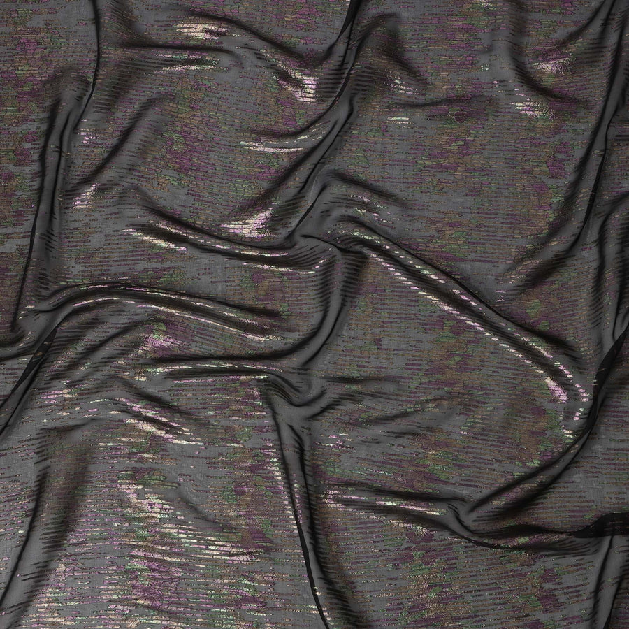 Jet Black Iridescent Linear Metallic Lurex Design Silk Chiffon Fabric, 110 Cms Width, Made in South Korea-D22644
