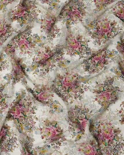 Ivory Base Multicolor Floral Digital Print Viscose Fabric, 110 cm Width, Made in India-D22917