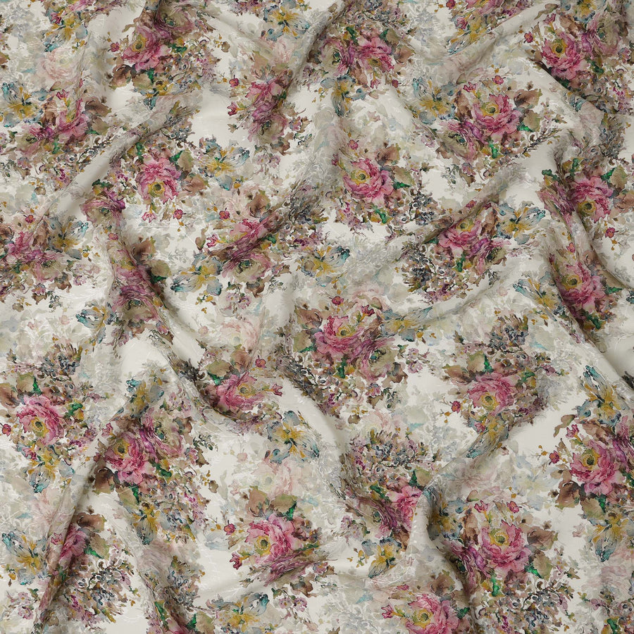 Ivory Base Multicolor Floral Digital Print Viscose Fabric, 110 cm Width, Made in India-D22917