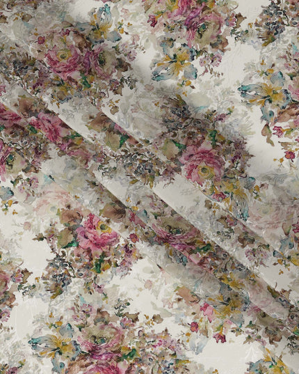 Ivory Base Multicolor Floral Digital Print Viscose Fabric, 110 cm Width, Made in India-D22917