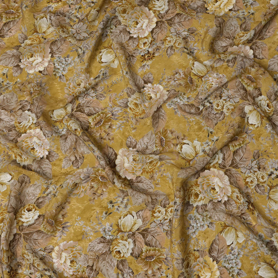 قماش فيسكوز بطباعة رقمية زهرية عتيقة باللون الأصفر الخردلي، عرض 110 سم، صنع في الهند - D22919