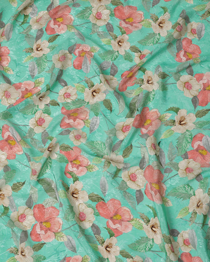 Turquoise Green Floral Digital Print Viscose Fabric, 110 cm Width, Made in India-D22920