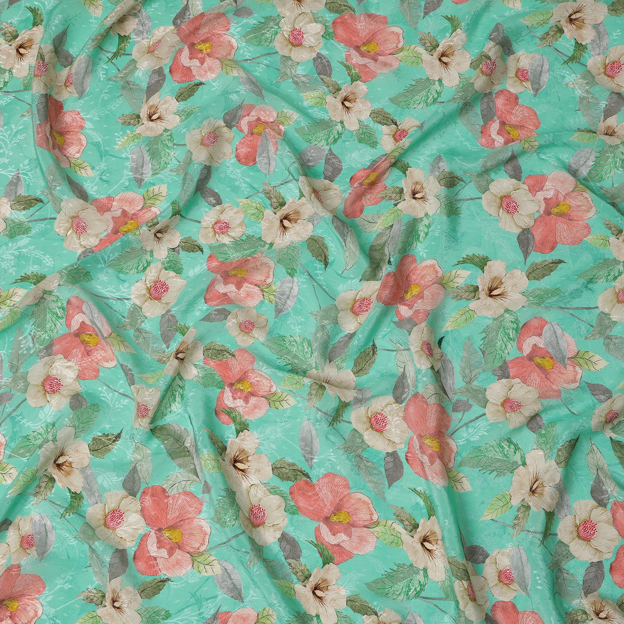 Turquoise Green Floral Digital Print Viscose Fabric, 110 cm Width, Made in India-D22920