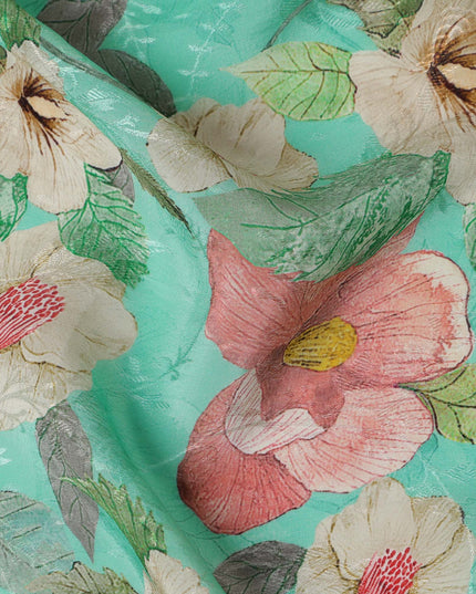 Turquoise Green Floral Digital Print Viscose Fabric, 110 cm Width, Made in India-D22920