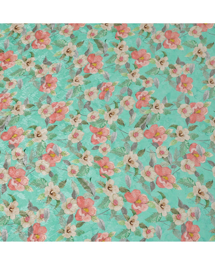 Turquoise Green Floral Digital Print Viscose Fabric, 110 cm Width, Made in India-D22920
