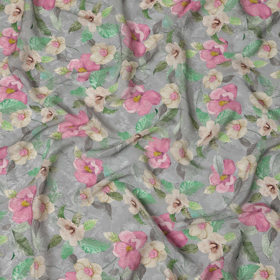 قماش فيسكوز بطبعة رقمية زهرية وردية اللون، قاعدة رمادية، عرض 110 سم، صنع في الهند - D22921