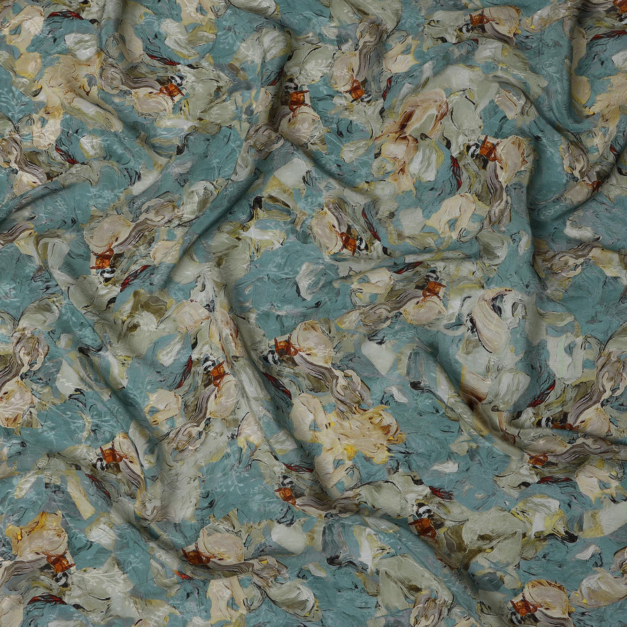 Dusty Teal Abstract Brushstroke Digital Print Viscose Fabric, 110 cm Width, Made in India-D22925