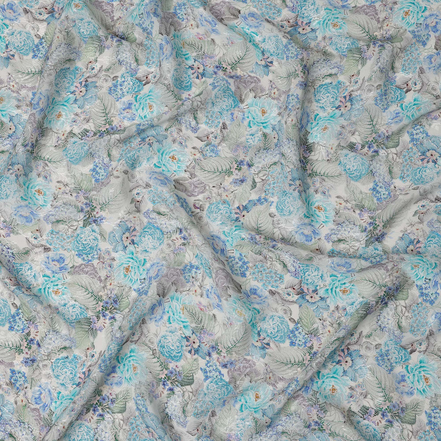 Icy Blue and Grey Vintage Floral Digital Print Viscose Fabric, 110 cm Width, Made in India-D22926