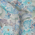 Icy Blue and Grey Vintage Floral Digital Print Viscose Fabric, 110 cm Width, Made in India-D22926