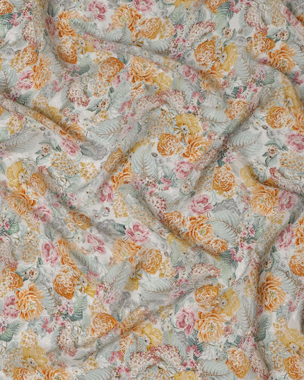 قماش فيسكوز بطبعة رقمية زهرية بلون الخوخ والخردل والوردي، عرض 110 سم، صنع في الهند - D22927