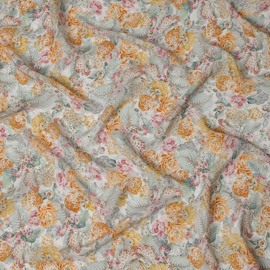 قماش فيسكوز بطبعة رقمية زهرية بلون الخوخ والخردل والوردي، عرض 110 سم، صنع في الهند - D22927