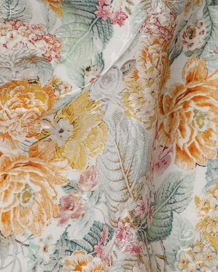 قماش فيسكوز بطبعة رقمية زهرية بلون الخوخ والخردل والوردي، عرض 110 سم، صنع في الهند - D22927