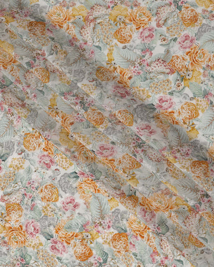 قماش فيسكوز بطبعة رقمية زهرية بلون الخوخ والخردل والوردي، عرض 110 سم، صنع في الهند - D22927