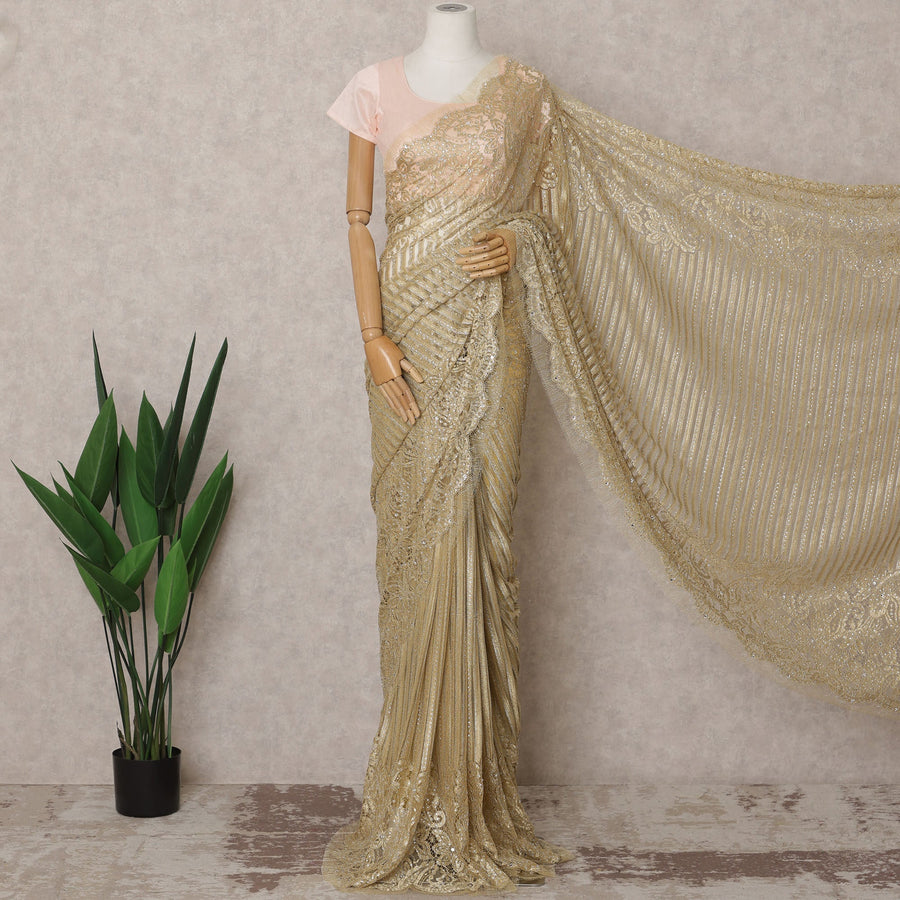 Golden Premium French Metallic Chantilly Lace Saree Fabric with Stone Work – 5.5 Meters Length & 110 Cms Width – Imported from France-D22928