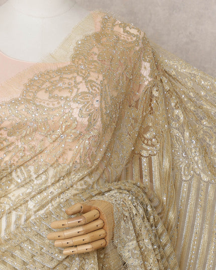 Golden Premium French Metallic Chantilly Lace Saree Fabric with Stone Work – 5.5 Meters Length & 110 Cms Width – Imported from France-D22928