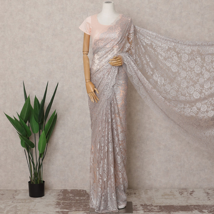 Light Pink Premium French Metallic Chantilly Lace Saree Fabric with Stone Work – 5.5 Meters Length & 110 Cms Width – Imported from France-D22929
