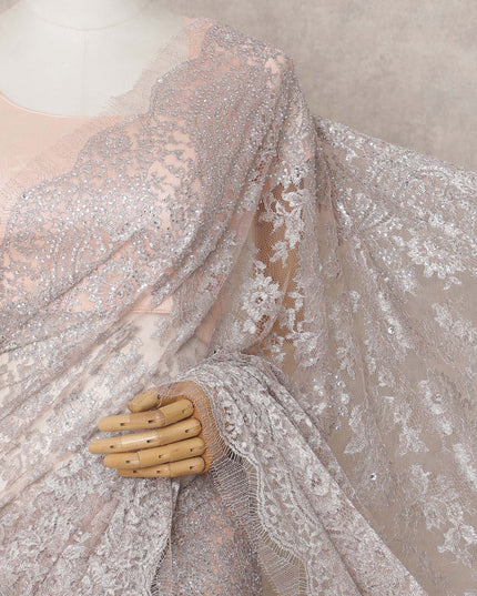 Light Pink Premium French Metallic Chantilly Lace Saree Fabric with Stone Work – 5.5 Meters Length & 110 Cms Width – Imported from France-D22929