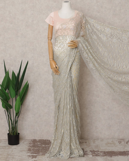 Ivory Premium French Metallic Chantilly Lace Saree Fabric with Stone Work – 5.5 Meters Length & 110 Cms Width – Imported from France-D22930