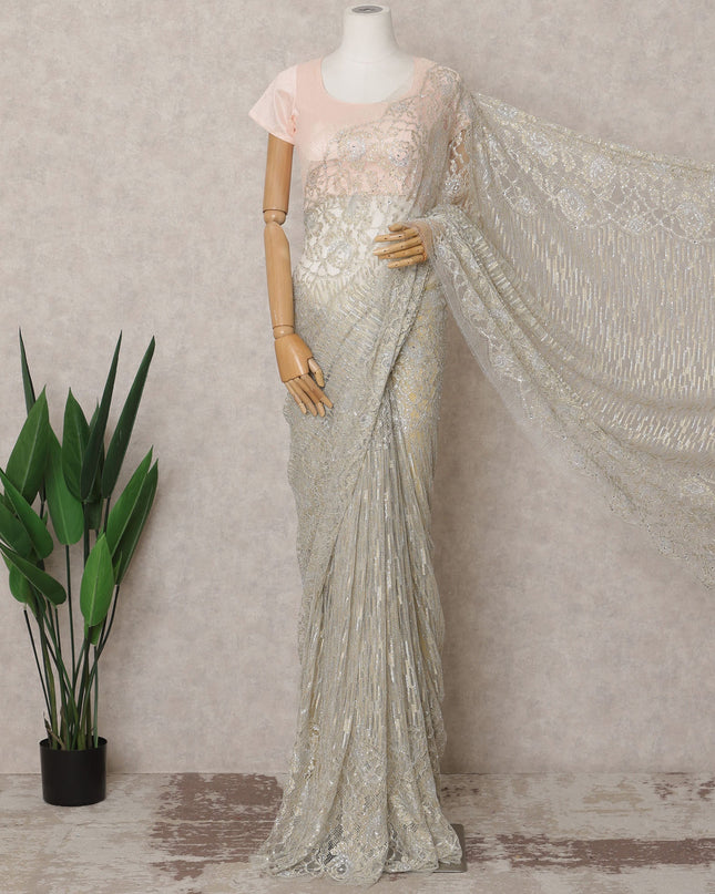 Ivory Premium French Metallic Chantilly Lace Saree Fabric with Stone Work – 5.5 Meters Length & 110 Cms Width – Imported from France-D22930