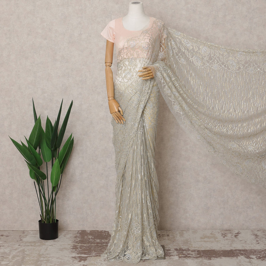 Ivory Premium French Metallic Chantilly Lace Saree Fabric with Stone Work – 5.5 Meters Length & 110 Cms Width – Imported from France-D22930